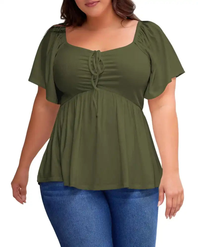 (XL-5XL) Plus Size Square Neck Short Sleeve Shirred Peplum Blouse