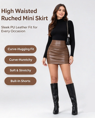 High Waisted Tummy Control Ruched Curved Hem 2-in-1 Fleece PU Mini Bodycon Skirt 🖤