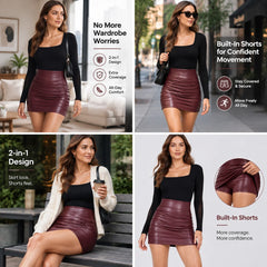 High Waisted Tummy Control Ruched Curved Hem 2-in-1 Fleece PU Mini Bodycon Skirt 🖤