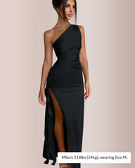 One Shoulder Satin High Split Maxi Dress Curvvvy