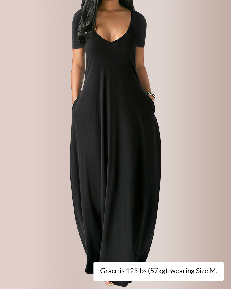 Plus Size V-Neck Loose Fit Maxi Dress with Pockets