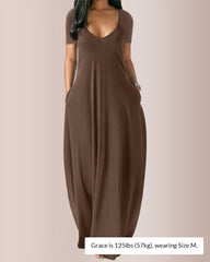 Plus Size V-Neck Loose Fit Maxi Dress with Pockets