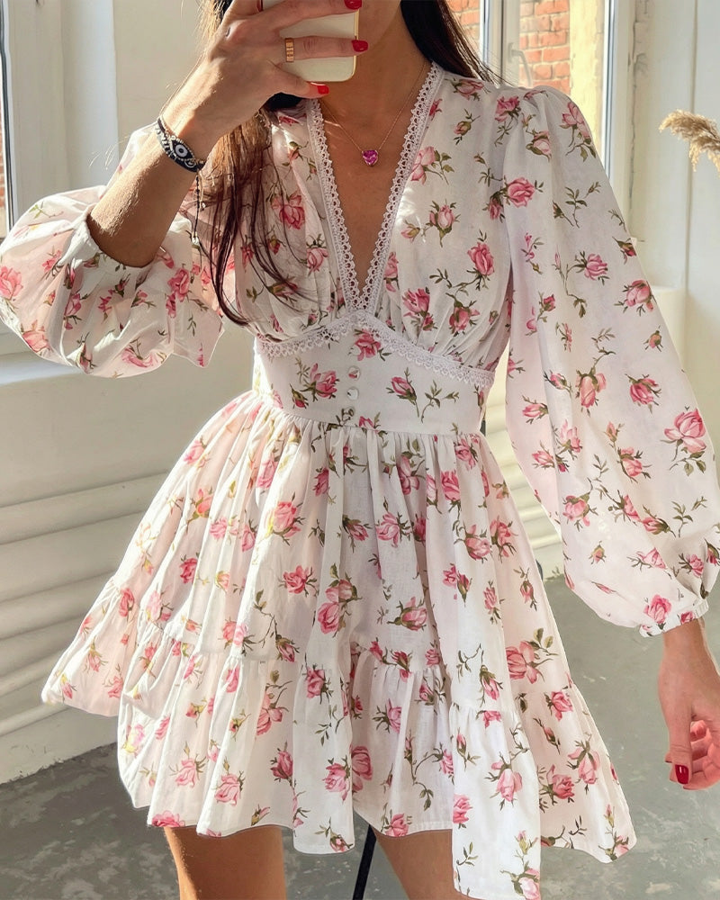 Deep V-Neck Lace Trim Floral Puff Sleeve Mini Dress