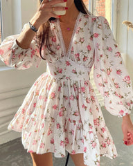 Deep V-Neck Lace Trim Floral Puff Sleeve Mini Dress