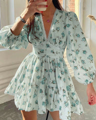 Deep V-Neck Lace Trim Floral Puff Sleeve Mini Dress