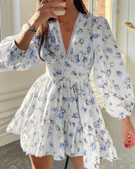 Deep V-Neck Lace Trim Floral Puff Sleeve Mini Dress