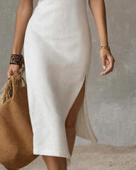 Stand-collar Split-hem Midi Dress