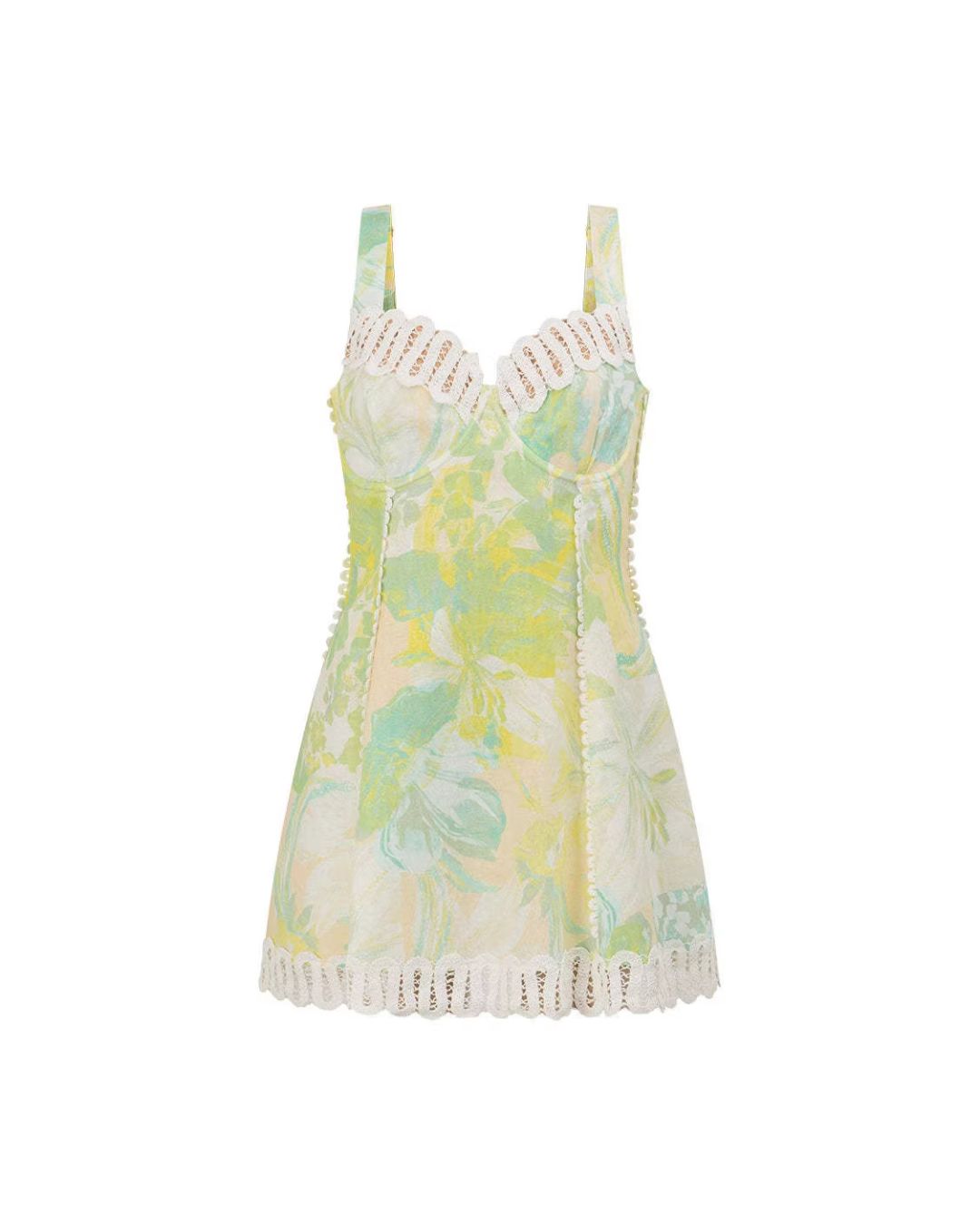Floral Print Crochet Zig Zag Trim Back Lace-up Mini Dress
