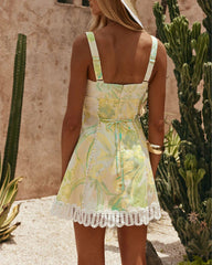 Floral Print Crochet Zig Zag Trim Back Lace-up Mini Dress