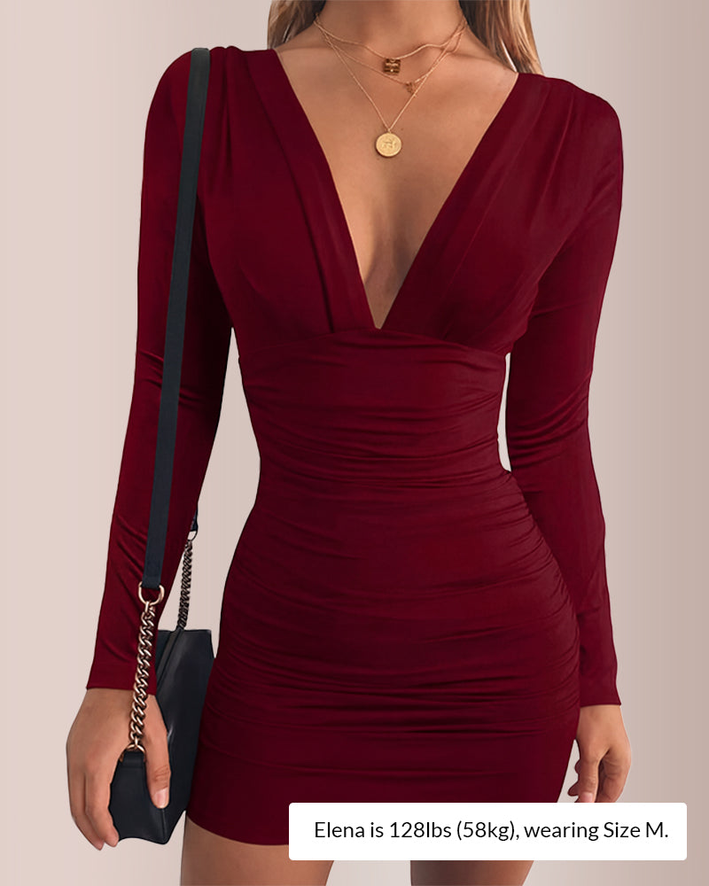 V-Neck Long Sleeve Ruched Bodycon Dress Curvvvy