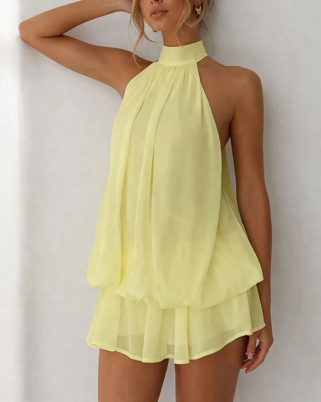 Halter Neck Ruffle Layered Mini Dress