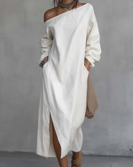Loose-fitting One Shoulder Split Hem Midi Dress