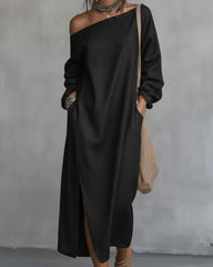 Loose-fitting One Shoulder Split Hem Midi Dress