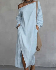 Loose-fitting One Shoulder Split Hem Midi Dress