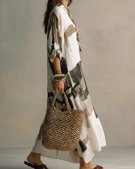 Boho Abstract Print Button-Front Maxi Dress