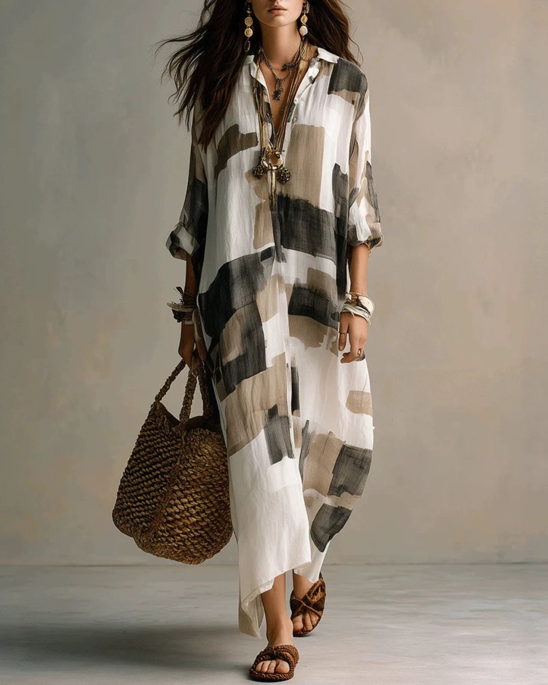 Boho Abstract Print Button-Front Maxi Dress