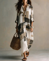 Boho Abstract Print Button-Front Maxi Dress