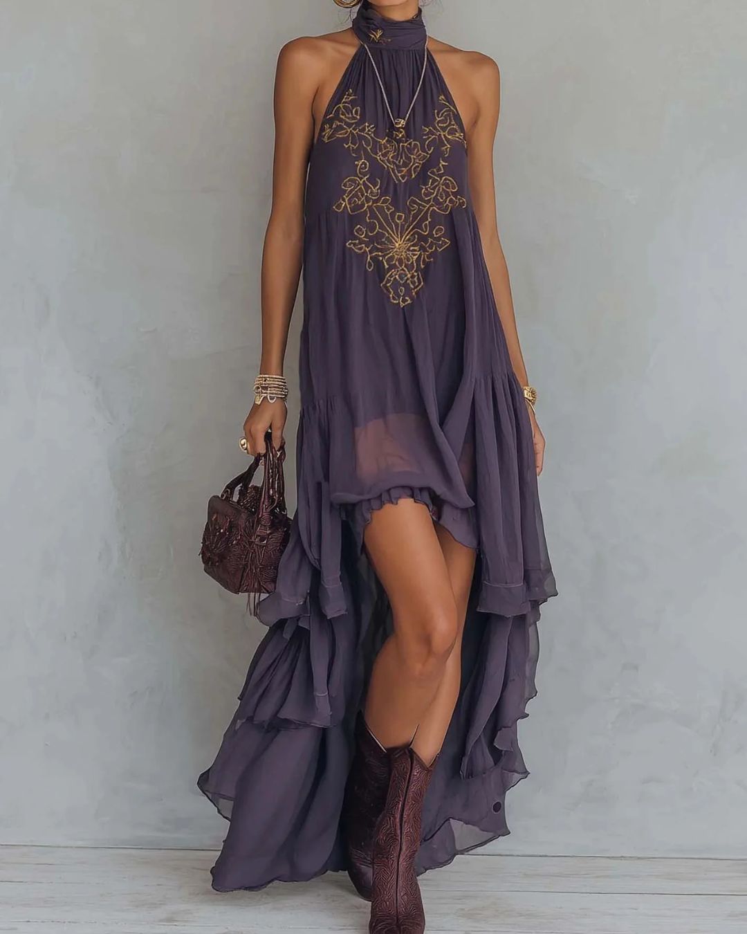 Retro Halter Neck Irregular Ruffle Maxi Dress