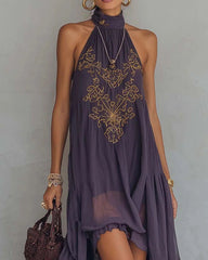 Retro Halter Neck Irregular Ruffle Maxi Dress