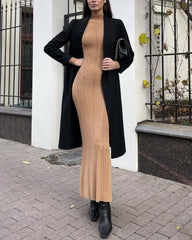 Knit Elegant Evening Dress Women High Waist Slim Long Sleeves Bodycon Maxi