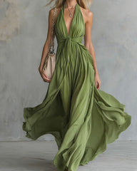 Deep V Halter Maxi Dress Cinched Waist Flowing Skirt Elegant Evening & Vacation Dress