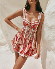 Vintage Cottagecore Red Floral Corset Lace-Up Mini Dress Button Front Lace Trim