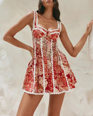 Vintage Cottagecore Red Floral Corset Lace-Up Mini Dress Button Front Lace Trim
