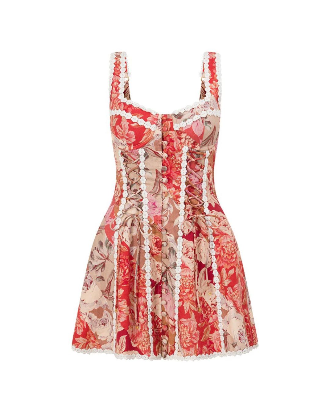 Vintage Cottagecore Red Floral Corset Lace-Up Mini Dress Button Front Lace Trim