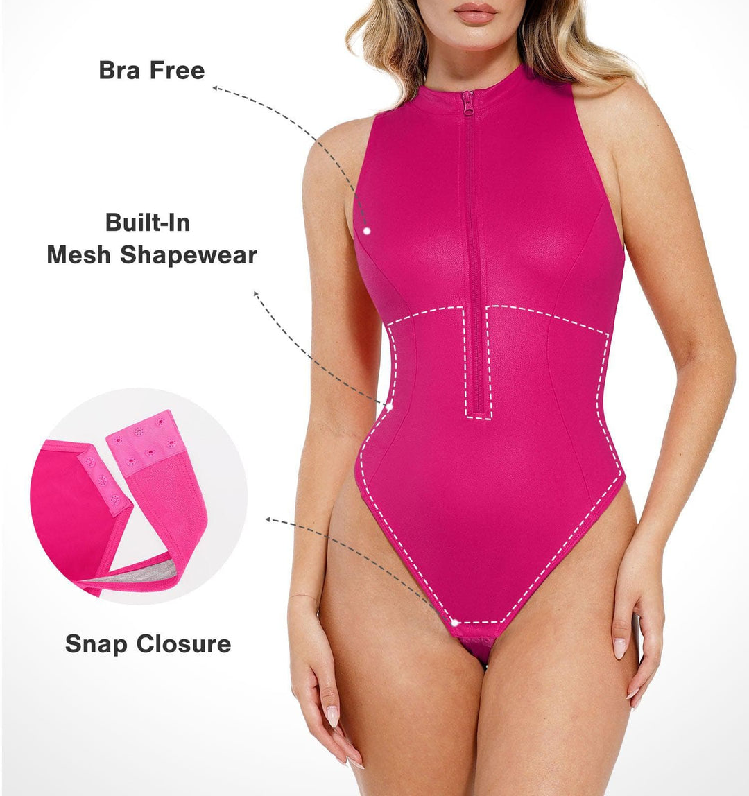 Shapewear Faux Leather Mock Neck Zip Front Sculpting Bodysuit
