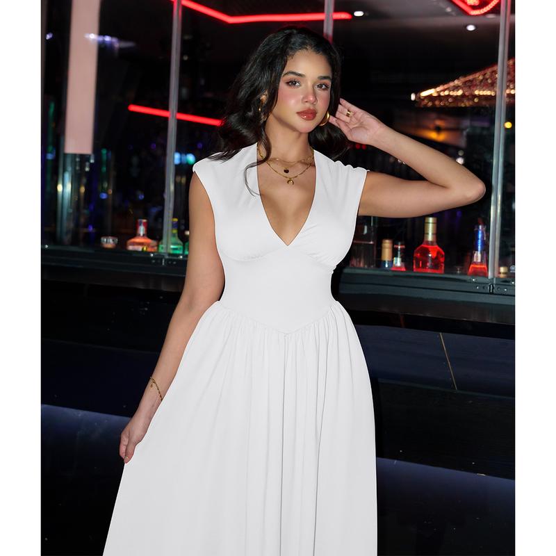 Women's Casual Deep V Neck Cap Sleeve Pleated Swing A Line Midi Dress With Pockets