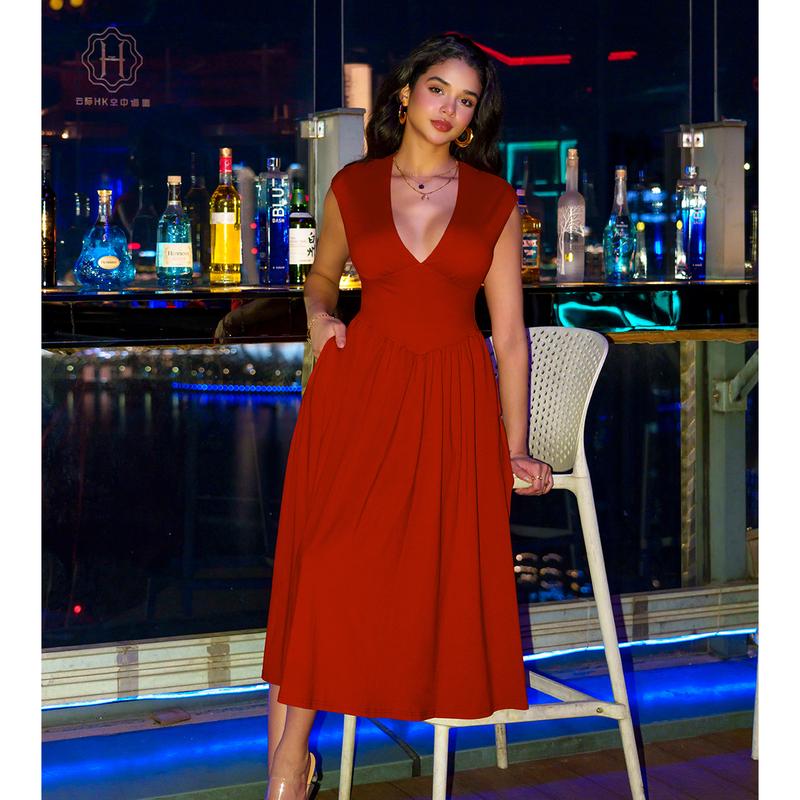 Women's Casual Deep V Neck Cap Sleeve Pleated Swing A Line Midi Dress With Pockets