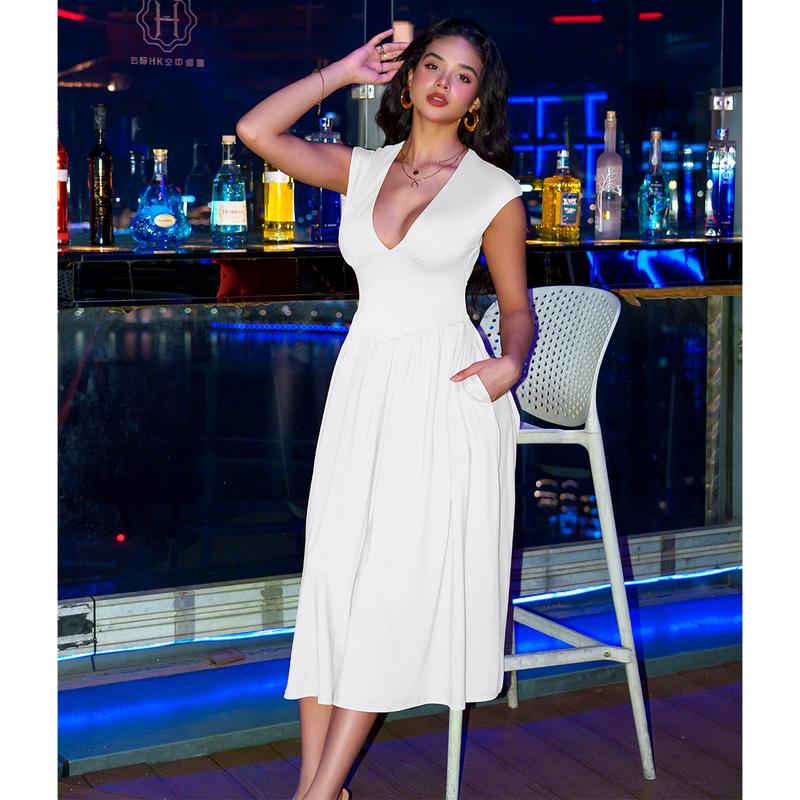 Women's Casual Deep V Neck Cap Sleeve Pleated Swing A Line Midi Dress With Pockets