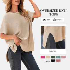 Women's Summer Solid Wool Pullover - Round Neck, Loose Short-Sleeve