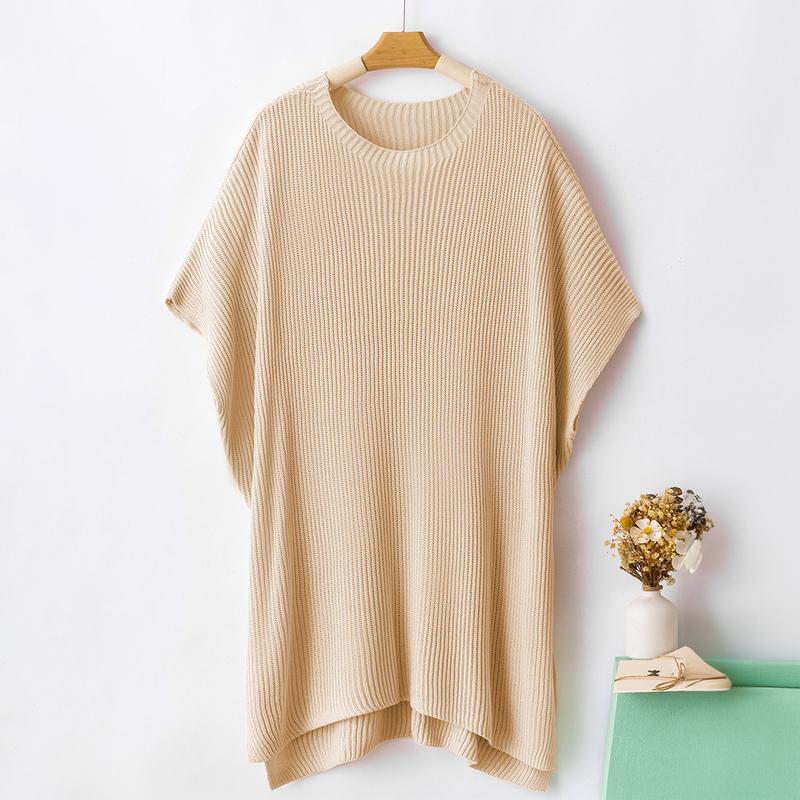 Women's Summer Solid Wool Pullover - Round Neck, Loose Short-Sleeve