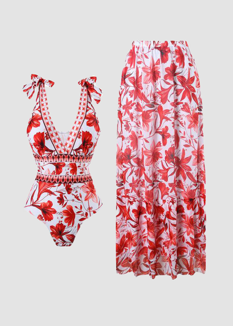 V Neck Lace Up Strip Plant Prints One Piece Swimsuit and Skirt/Sarong