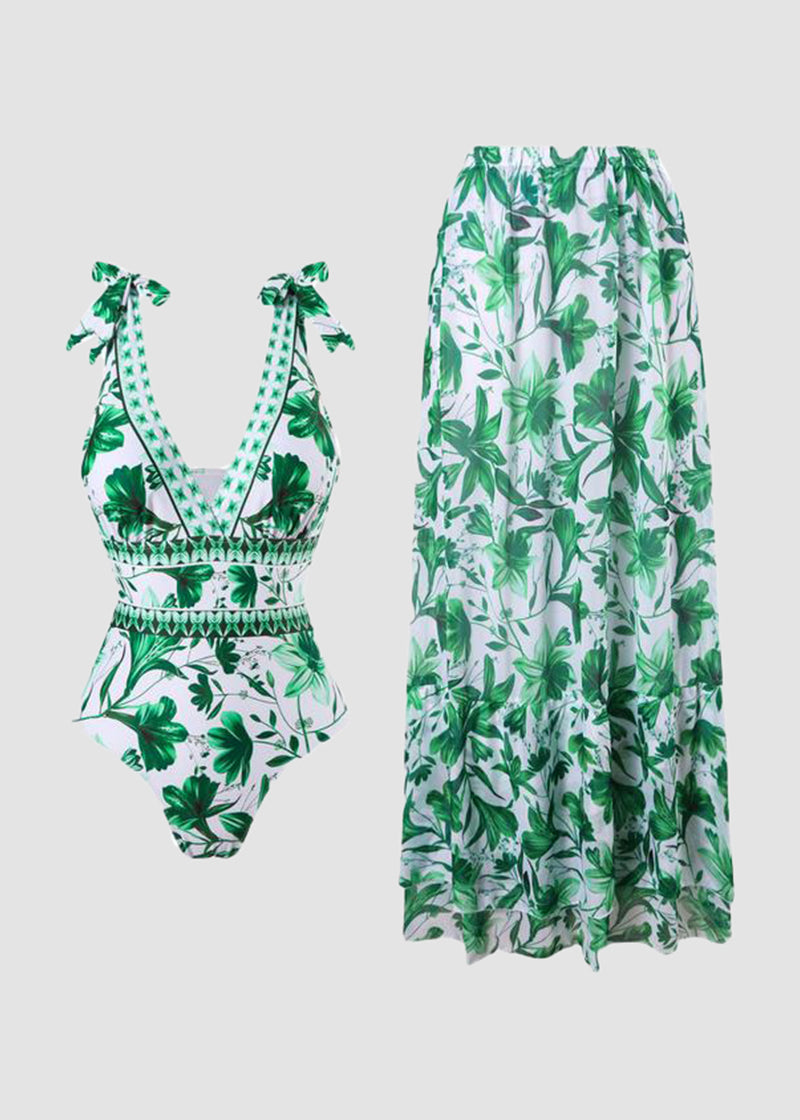 V Neck Lace Up Strip Plant Prints One Piece Swimsuit and Skirt/Sarong