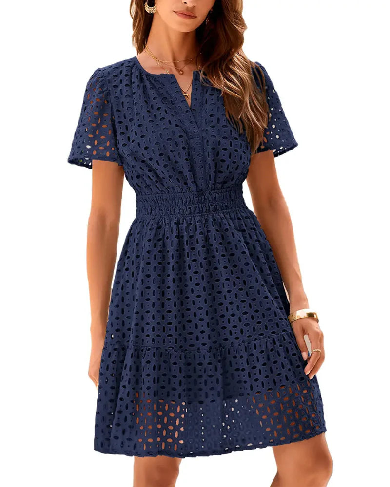 Women V Neck Lace  Eyelet A Line Summer Dress