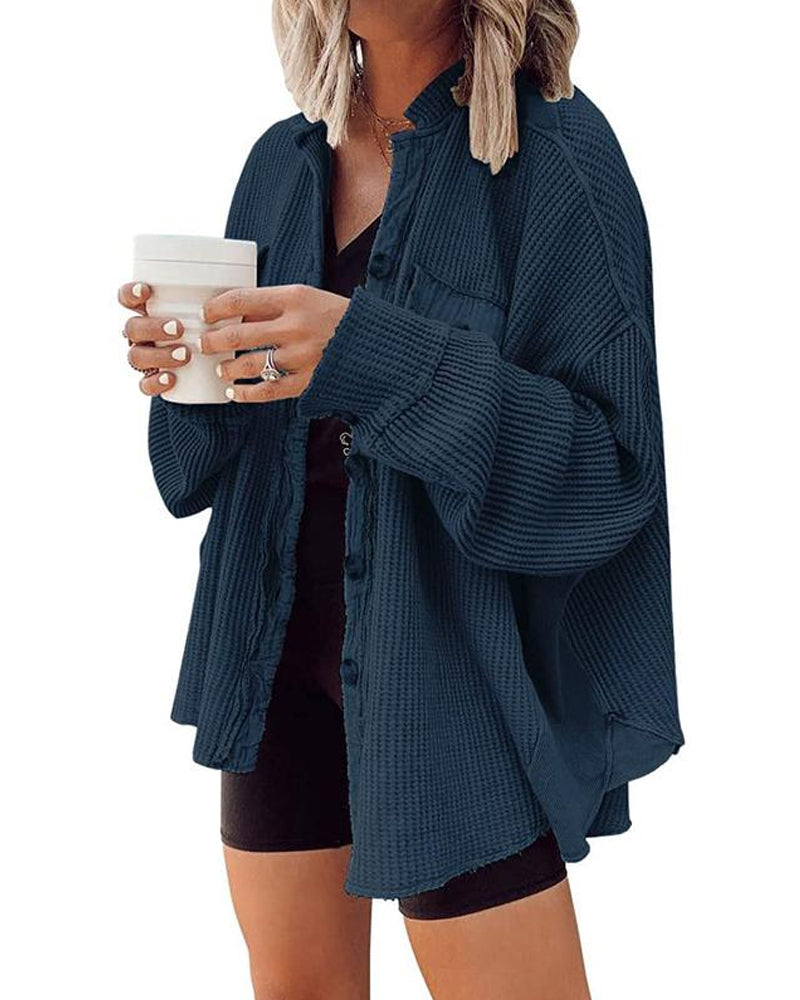 Women's Loose Fit Batwing Sleeve Waffle Knit Tops