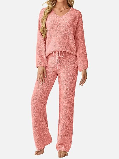 Soft Fuzzy V-Neck Loungewear Set
