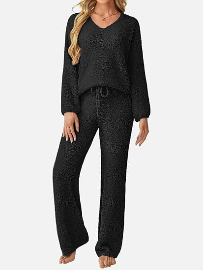 Soft Fuzzy V-Neck Loungewear Set