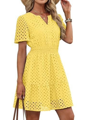 Women V Neck Lace  Eyelet A Line Summer Dress