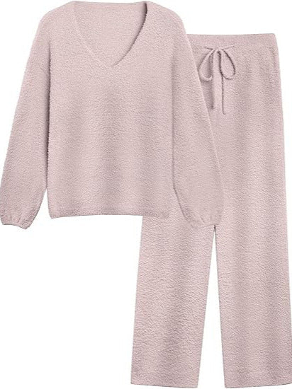 Soft Fuzzy V-Neck Loungewear Set