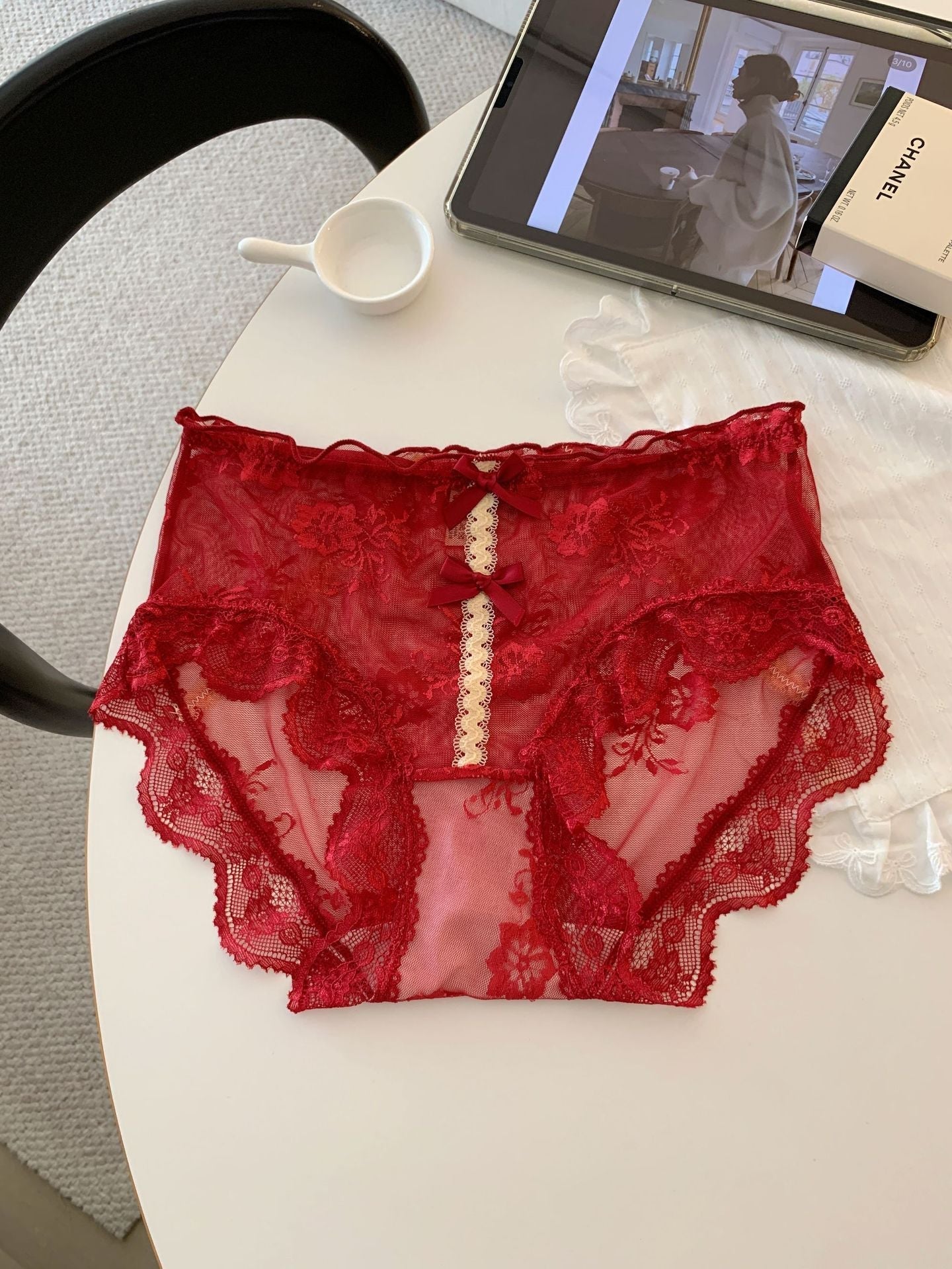 Sheer Floral Lace Bow Panties with Cotton Gusset