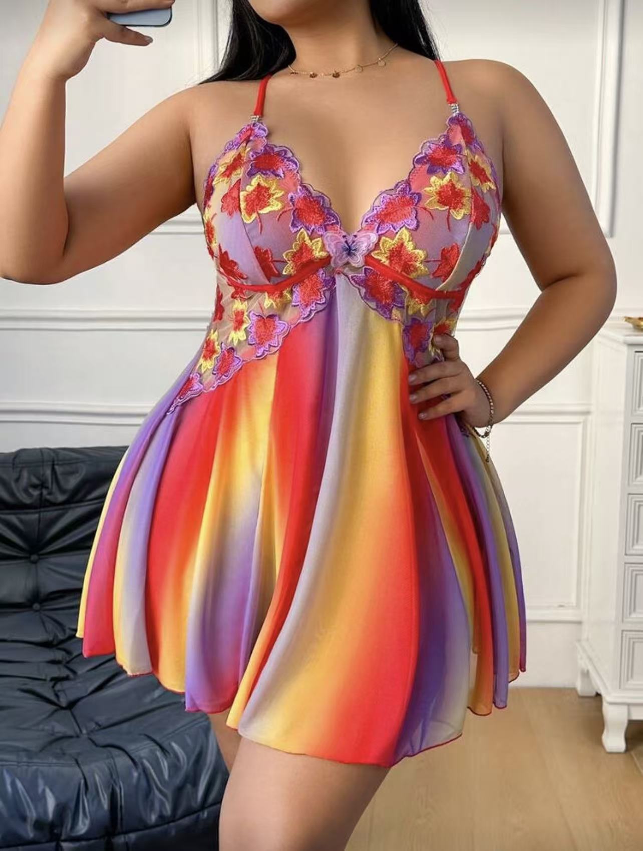 Rainbow Ombre Floral Lace Sleep Dress