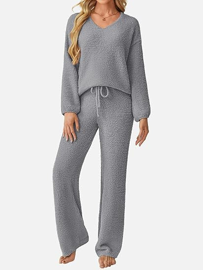 Soft Fuzzy V-Neck Loungewear Set