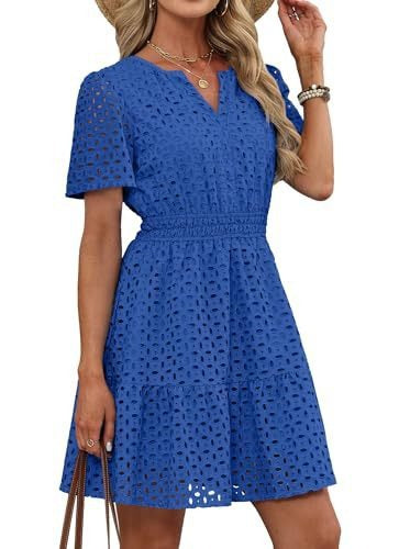 Women V Neck Lace  Eyelet A Line Summer Dress
