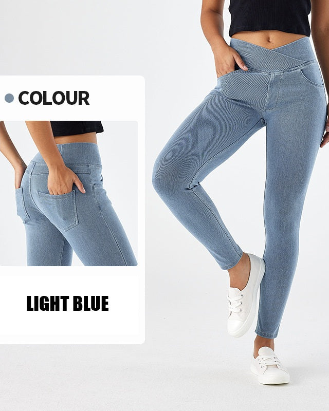Curvy Fit High Waist Crossover Flare Denim Jeans - Illusion Pocket Stretch