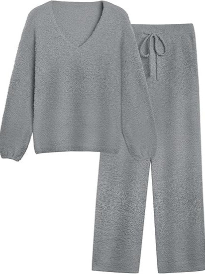 Soft Fuzzy V-Neck Loungewear Set