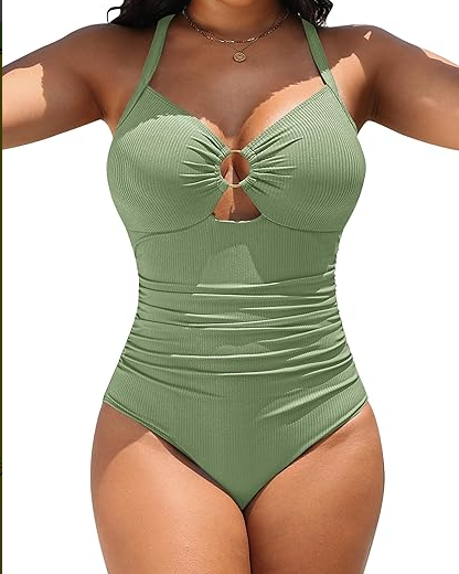 Cutout Tummy Control One Piece Swimsuit with Ruched Waist and Adjustable Straps