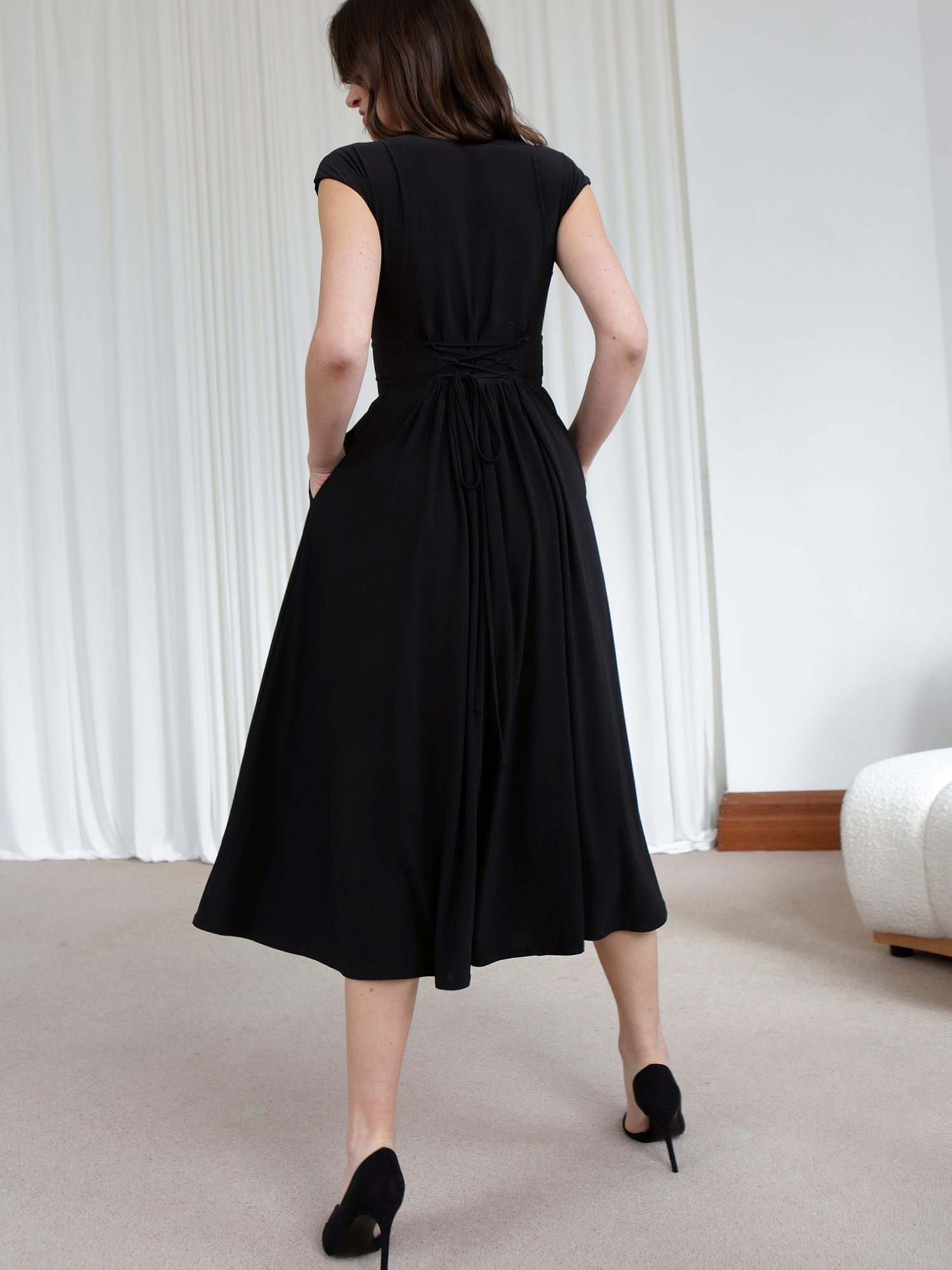 Women's Casual Deep V Neck Cap Sleeve Pleated Swing A Line Midi Dress With Pockets